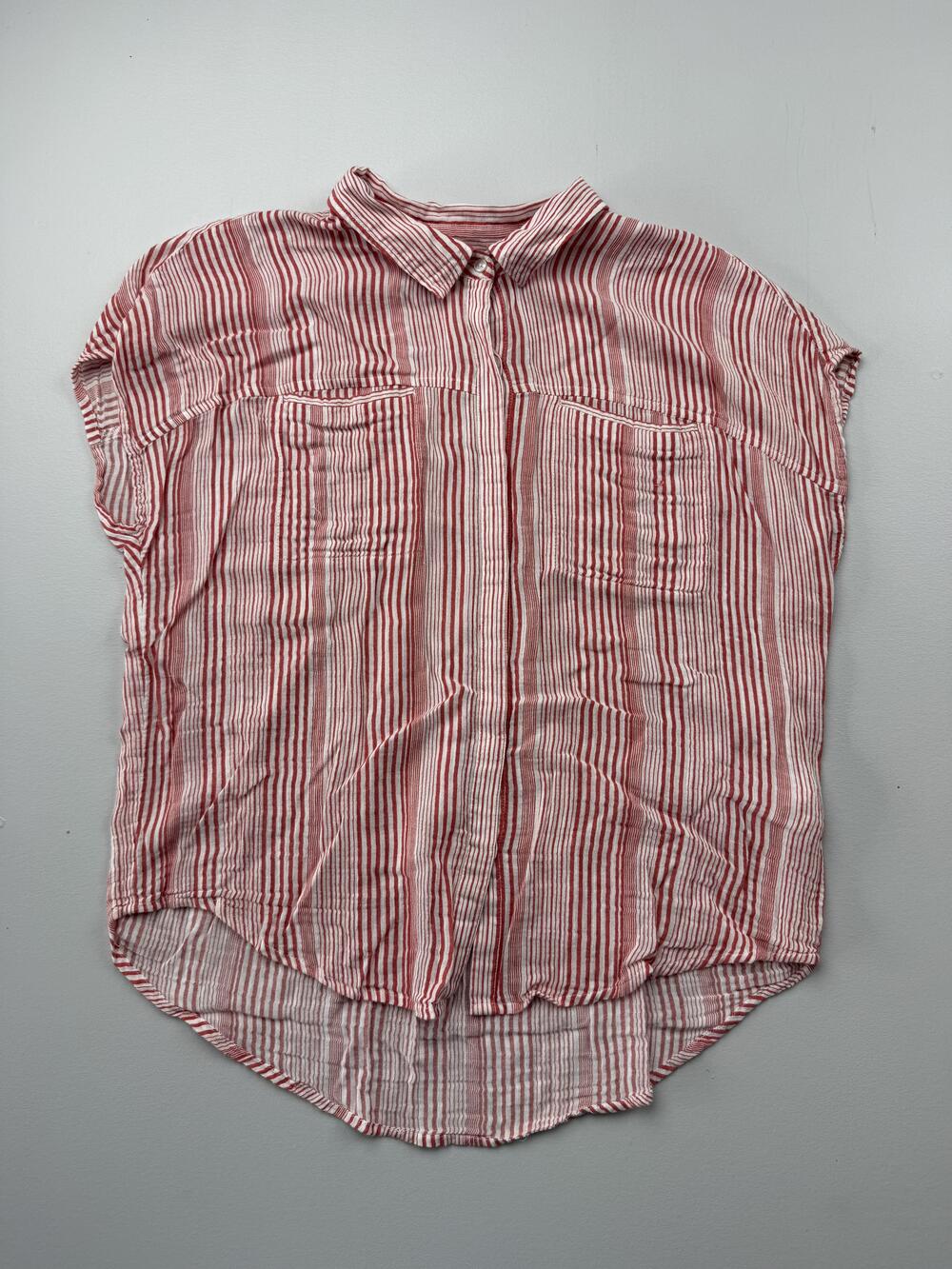 Lucky Brand Button Up Shirt Womens L Red Stripe Collared Cap Sleeve Cotton Top